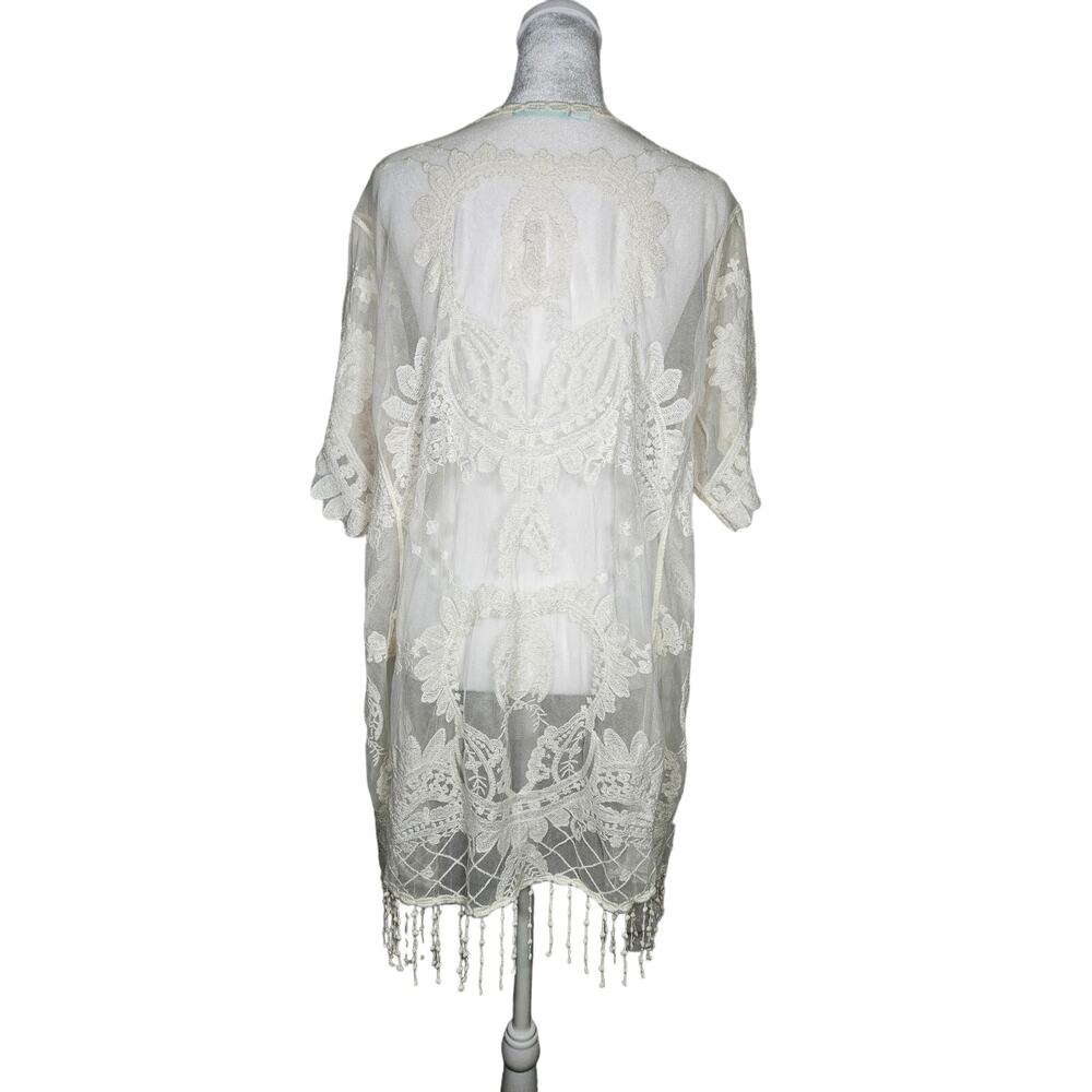 Maurice's Women's Lace Embroidered Open Cardigan White Tassles Large 100% Cotton